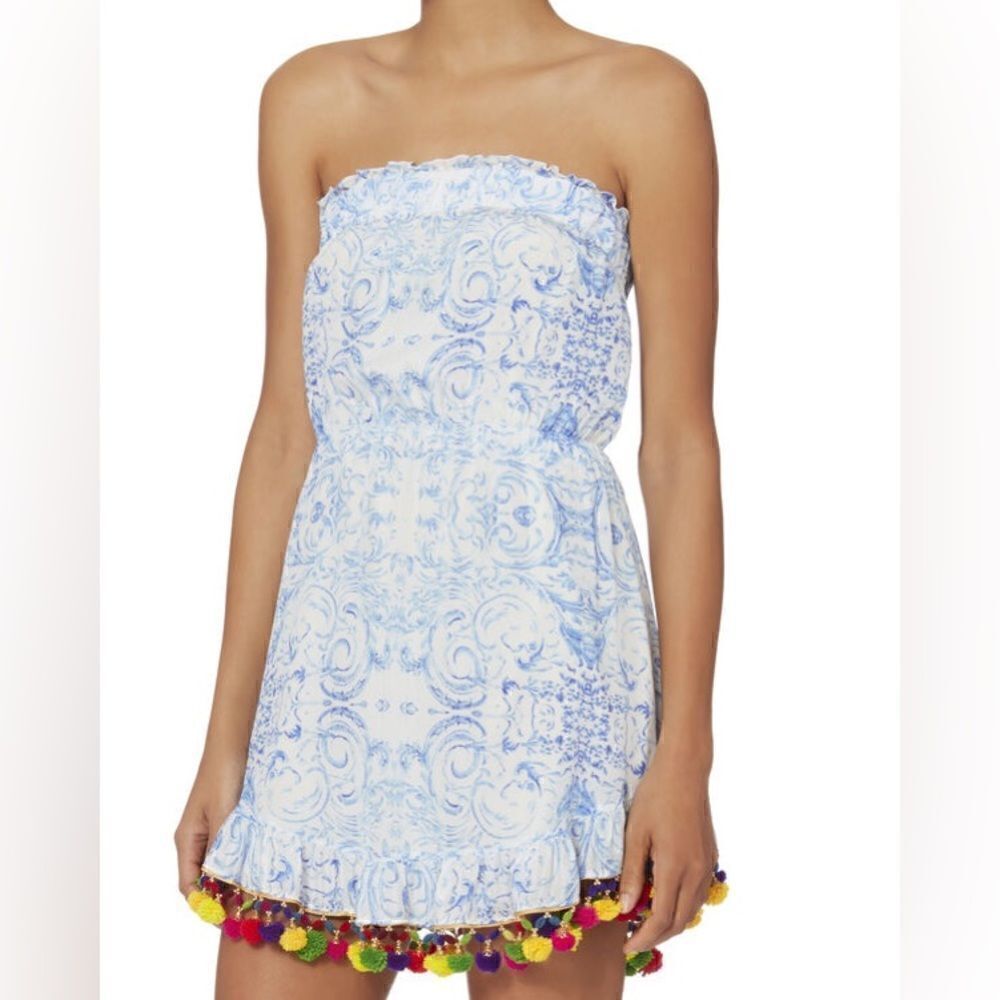 ATHENA PROCOPIOU SILK STRAPLESS MINI DRESS POM POM TRIM BLUE WHITE FLORAL SIZE S